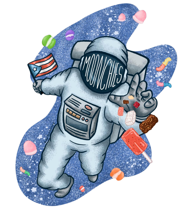 Astronauta Moonchies flotando en el espacio con bandera de Puerto Rico, rodeado de dulces — ilustración de @dontouchmyink